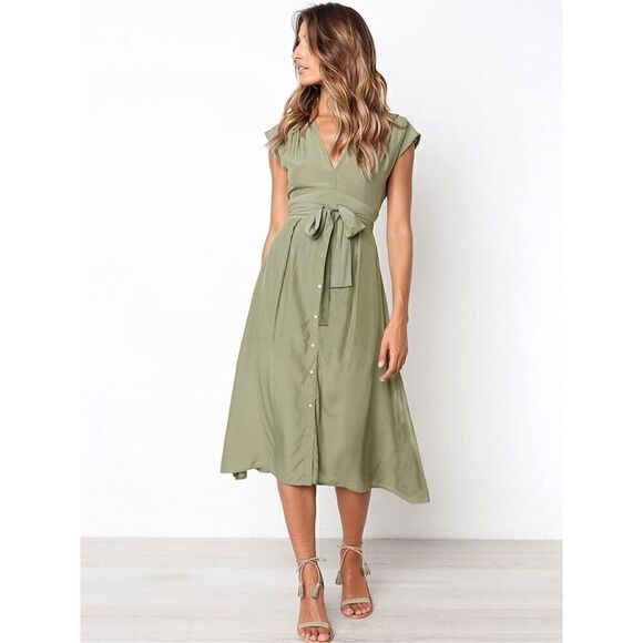 Edary Women's V Neck Short Sleeve Dress, Casual Short Sleeve Tie Waist Dress NEW - Picture 1 of 9